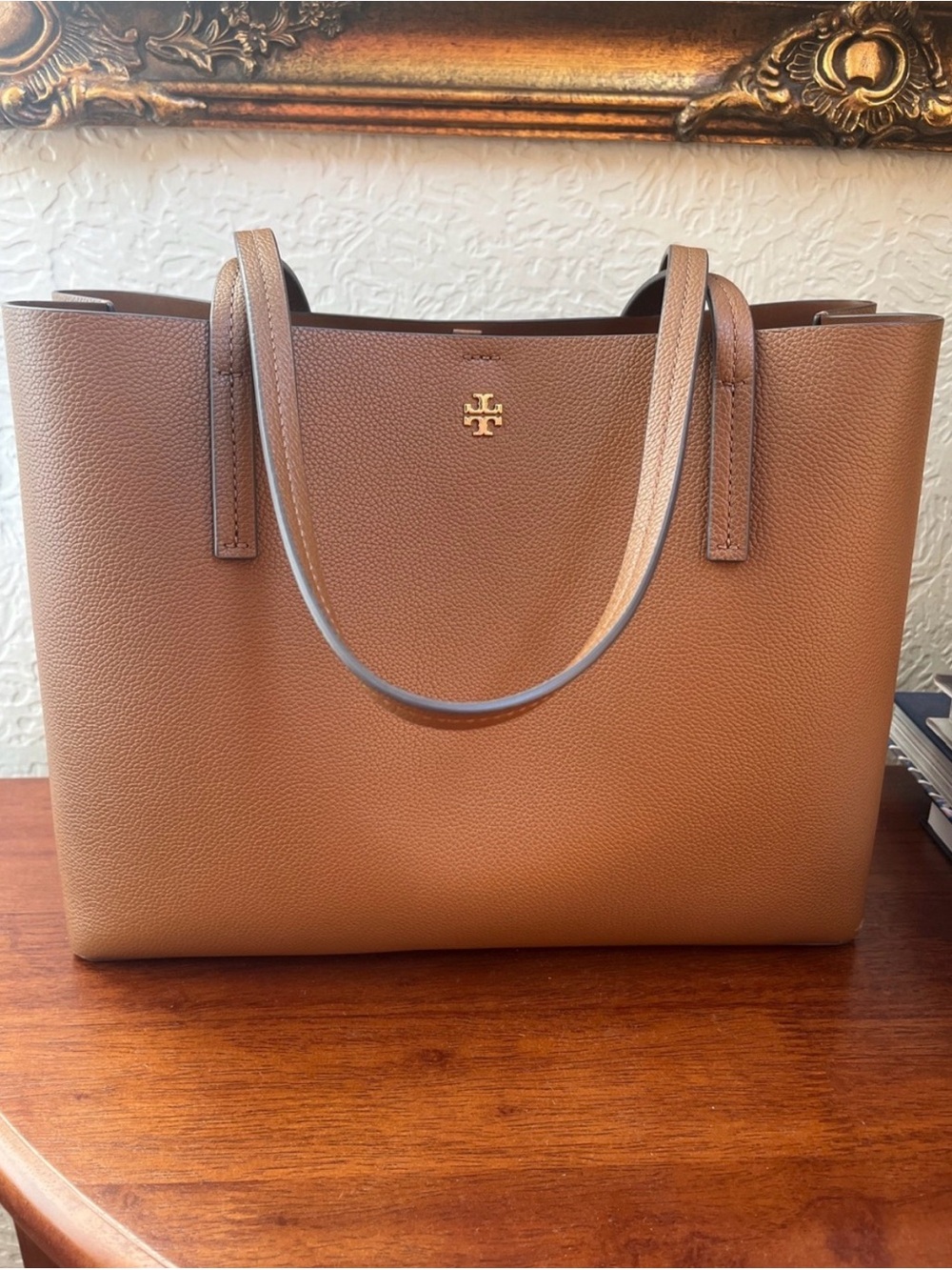 Tory Burch Tan Pebbled Leather Tote with Gold Logo